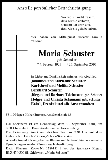Traueranzeige von Maria Schuster von Tageszeitung