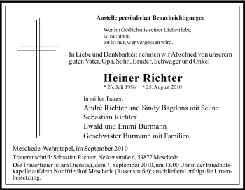 Traueranzeige von Heiner Richter von Tageszeitung