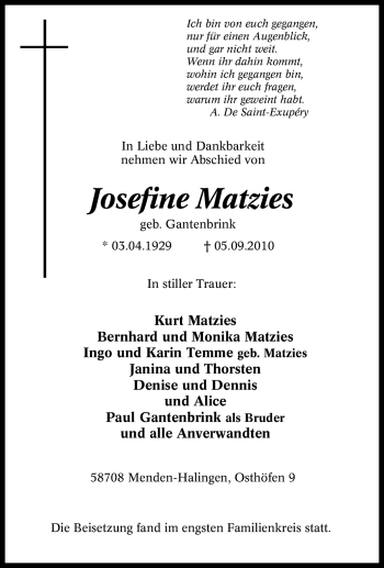 Traueranzeige von Josefine Matzies von Tageszeitung