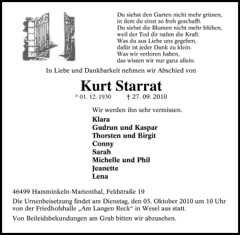 Traueranzeige von Kurt Starrat von Tageszeitung