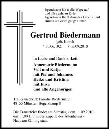 Traueranzeige von Gertrud Biedermann von Tageszeitung