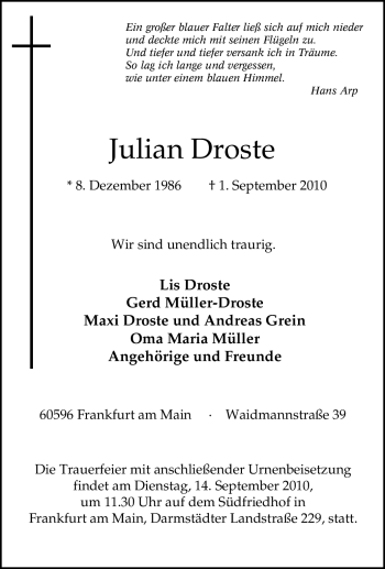 Traueranzeige von Julian Droste von Tageszeitung