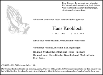 Traueranzeige von Hans Knobloch von Tageszeitung
