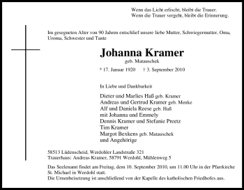 Traueranzeige von Johanna Kramer von Tageszeitung