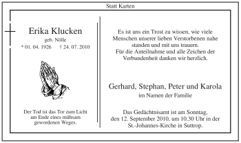 Traueranzeige von Erika Klucken von Tageszeitung