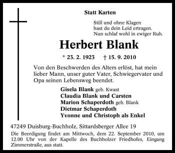 Traueranzeigen von Herbert Blank TrauerinNRW.de