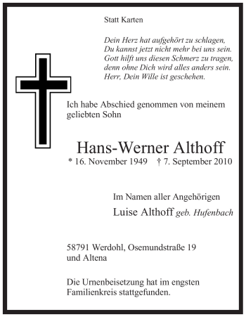 Traueranzeige von Hans-Werner Althoff von Tageszeitung