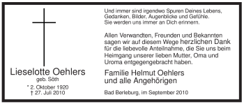 Traueranzeige von Lieselotte Oehlers von Tageszeitung