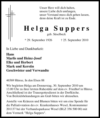 Traueranzeige von Helga Suppers von Tageszeitung