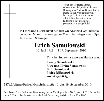 Traueranzeige von Erich Samulowski von Tageszeitung