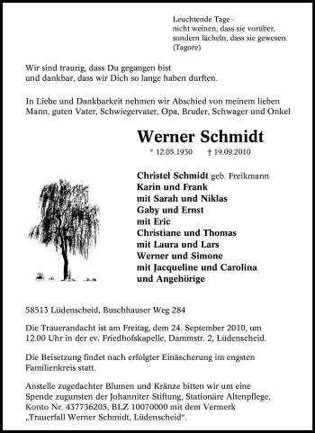Traueranzeige von Werner Schmidt von Tageszeitung