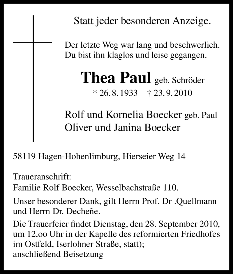  Traueranzeige für Thea Paul vom 25.09.2010 aus Tageszeitung
