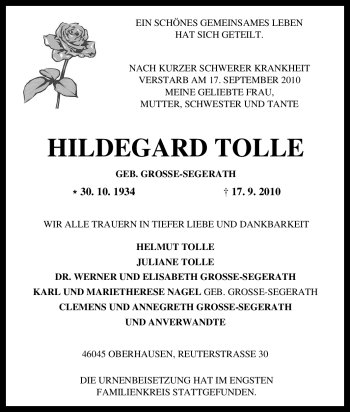 Traueranzeige von Hildegard Tolle von Tageszeitung