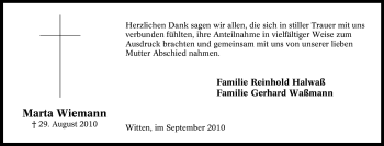 Traueranzeige von Marta Wiemann von Tageszeitung