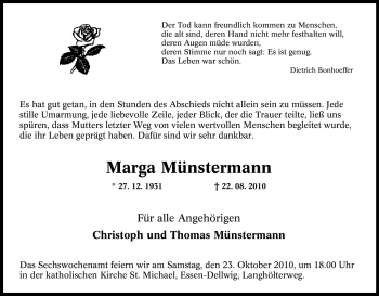 Traueranzeige von Marga Münstermann von Tageszeitung