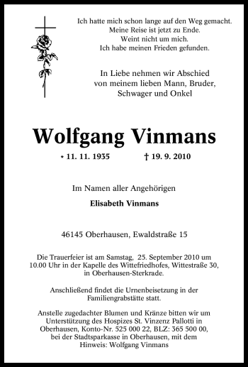 Traueranzeige von Wolfgang Vinmans von Tageszeitung