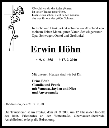 Traueranzeige von Erwin Höhn von Tageszeitung
