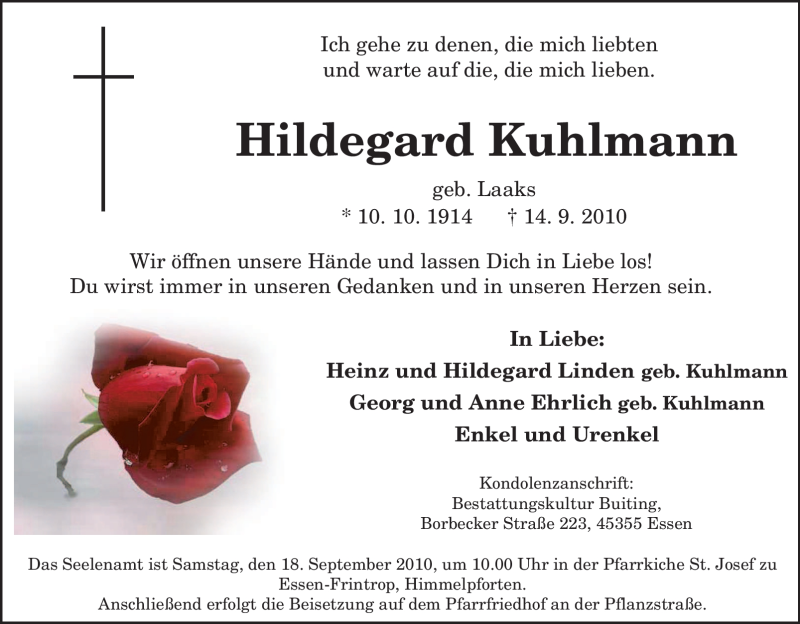  Traueranzeige für Hildegard Kuhlmann vom 16.09.2010 aus Tageszeitung