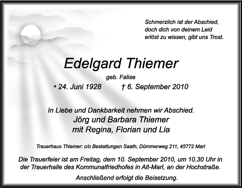  Traueranzeige für Edelgard Thiemer vom 08.09.2010 aus Tageszeitung