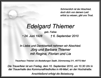 Traueranzeige von Edelgard Thiemer von Tageszeitung