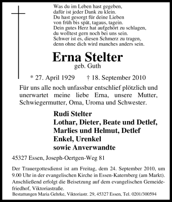 Traueranzeige von Erna Stelter von Tageszeitung