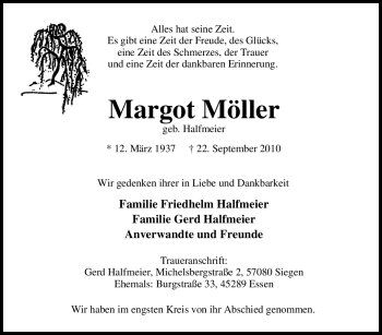 Traueranzeige von Margot Möller von Tageszeitung