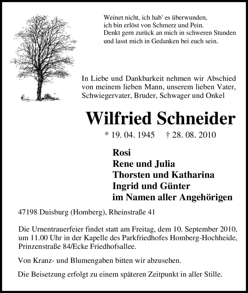  Traueranzeige für Wilfried Schneider vom 04.09.2010 aus Tageszeitung