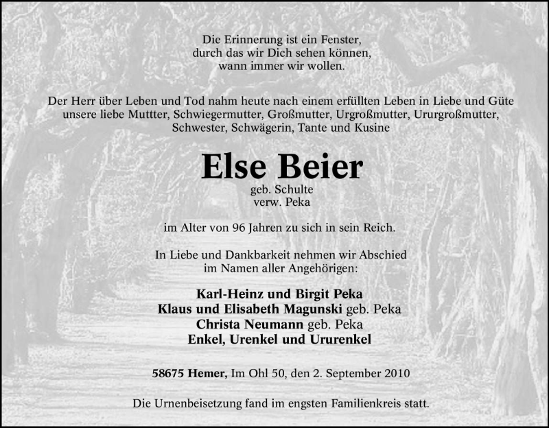  Traueranzeige für Else Beier vom 22.09.2010 aus Tageszeitung