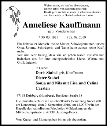 Traueranzeige von Anneliese Kauffmann von Tageszeitung