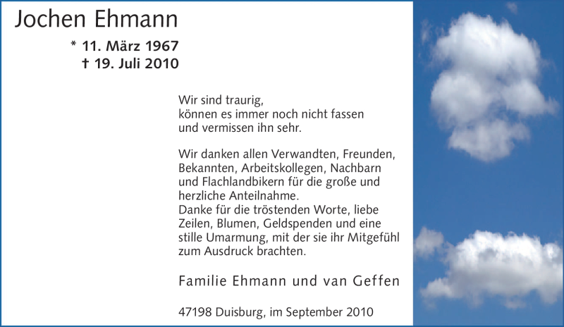  Traueranzeige für Jochen Ehmann vom 04.09.2010 aus Tageszeitung