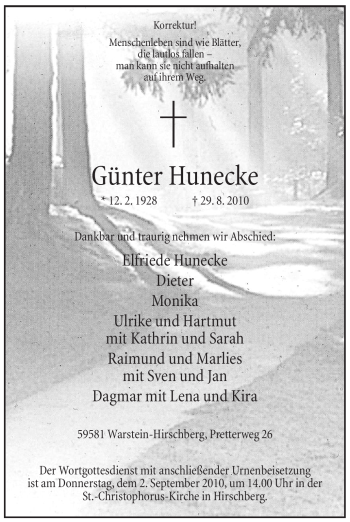 Traueranzeige von Günter Hunecke von Tageszeitung