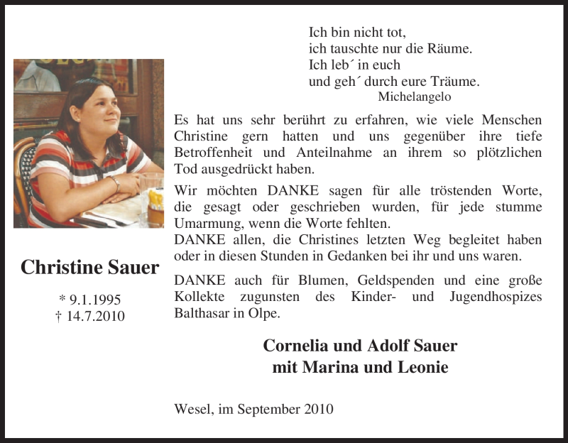  Traueranzeige für Christine Sauer vom 04.09.2010 aus Tageszeitung
