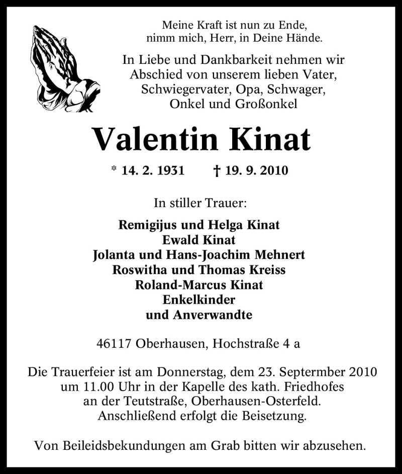  Traueranzeige für Valentin Kinat vom 21.09.2010 aus Tageszeitung