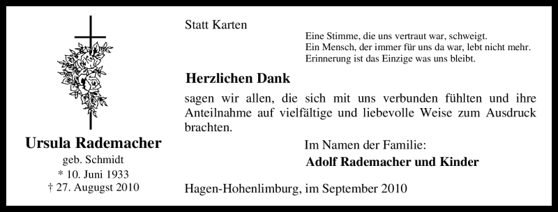  Traueranzeige für Ursula Rademacher vom 24.09.2010 aus Tageszeitung