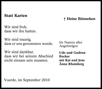 Traueranzeige von Heinz Bönneken von Tageszeitung
