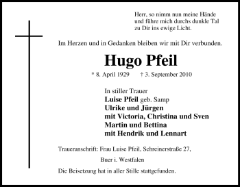 Traueranzeige von Hugo Pfeil von Tageszeitung