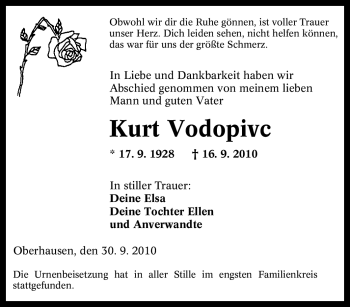 Traueranzeige von Kurt Vodopivc von Tageszeitung