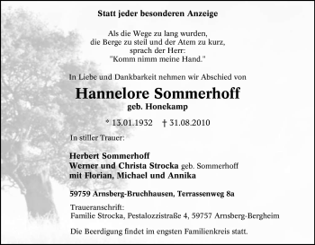 Traueranzeige von Hannelore Sommerhoff von Tageszeitung