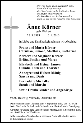 Traueranzeige von Änne Körner von Tageszeitung