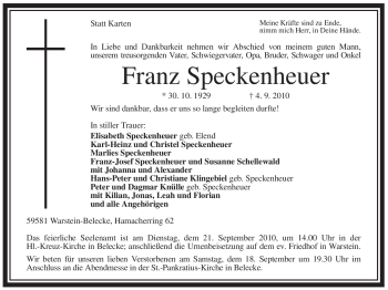 Traueranzeige von Franz Speckenheuer von Tageszeitung