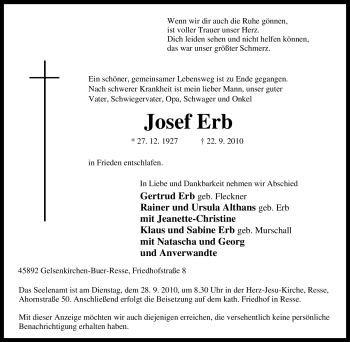 Traueranzeige von Josef Erb von Tageszeitung