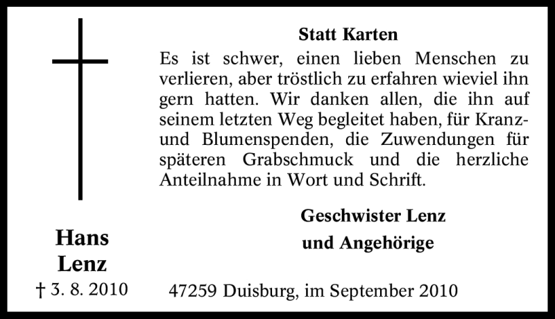  Traueranzeige für Hans Lenz vom 04.09.2010 aus Tageszeitung
