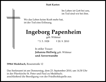 Traueranzeige von Ingeborg Papenheim von Tageszeitung