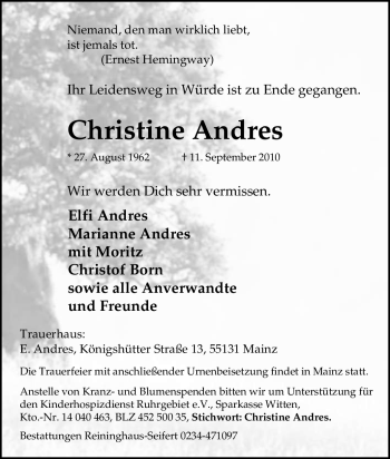 Traueranzeige von Christine Andres von Tageszeitung