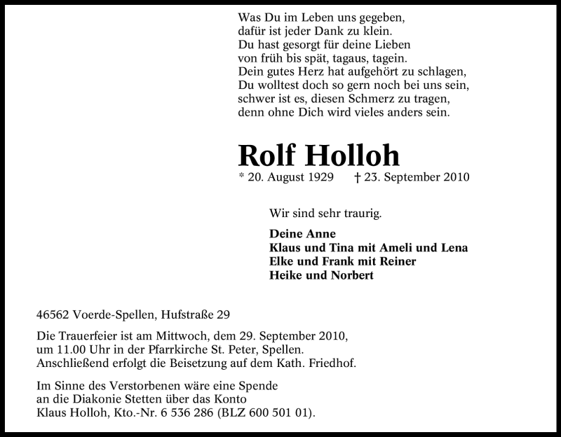  Traueranzeige für Rolf Holloh vom 28.09.2010 aus Tageszeitung