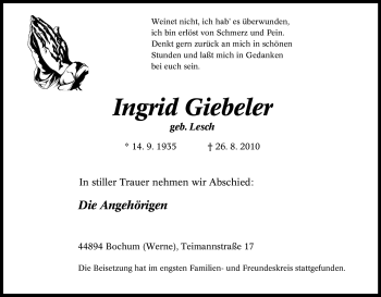 Traueranzeige von Ingrid Giebeler von Tageszeitung