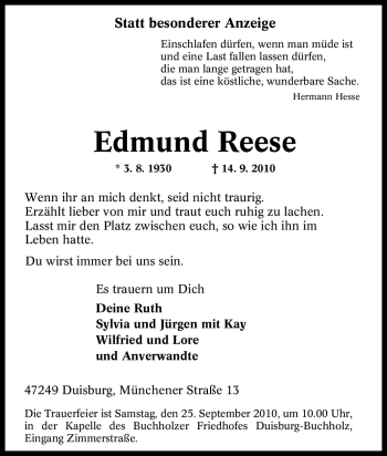 Traueranzeige von Edmund Reese von Tageszeitung