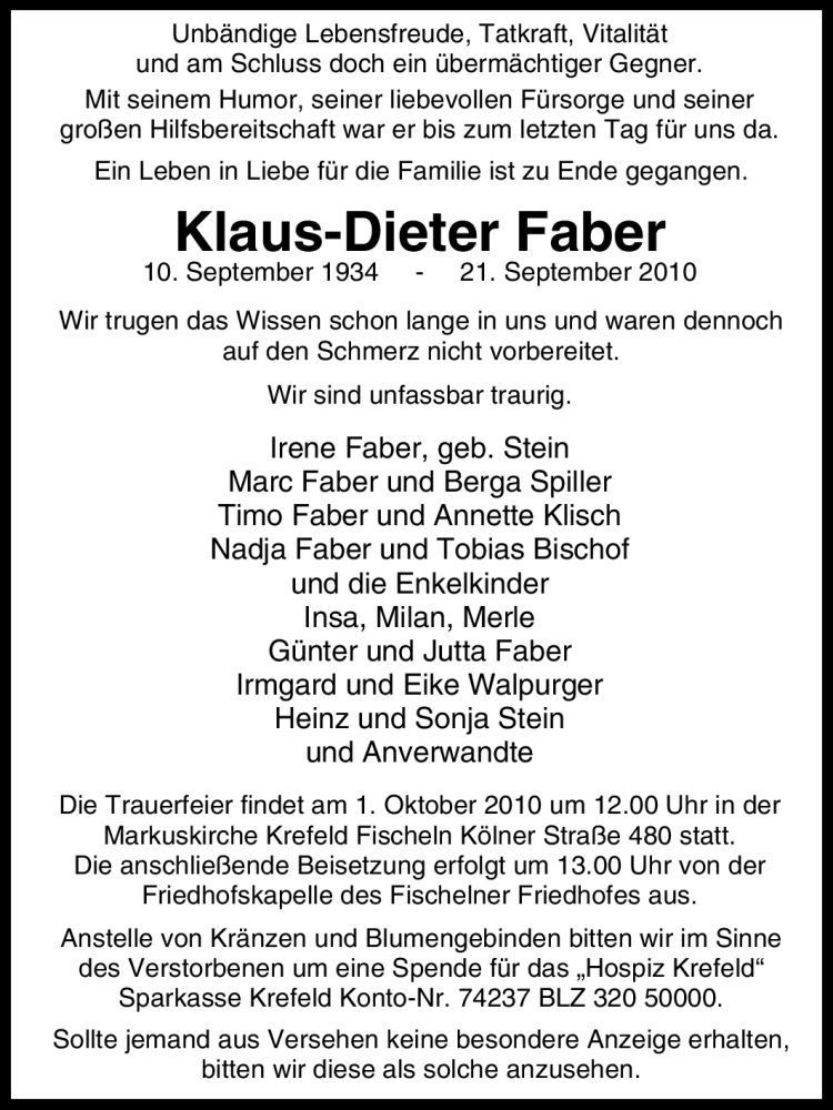  Traueranzeige für Klaus-Dieter Faber vom 25.09.2010 aus Tageszeitung
