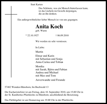 Traueranzeige von Anita Koch von Tageszeitung