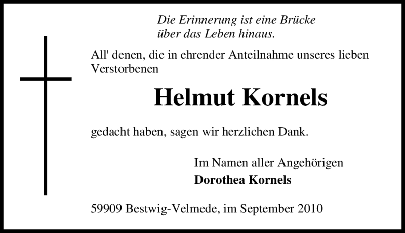  Traueranzeige für Helmut Kornels vom 16.09.2010 aus Tageszeitung
